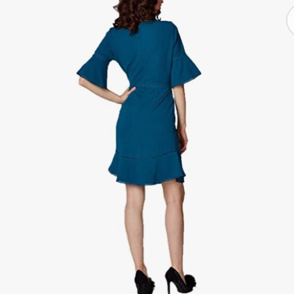 Betsey Johnson Scuba Crepe with Bell Sleeves Midi Teal Dress Size 6 - Picture 2 of 8